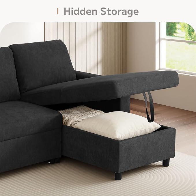 Yafylly L-Shaped Sleeper Sofa with Chaise Lounge & Storage, Pull-Out Couch Bed with Recliner, Full Size Futon for Living Room, Office, Apartment Black