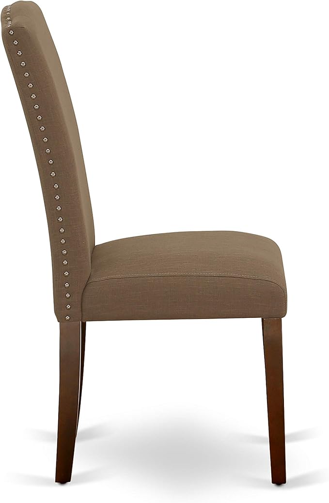East West Furniture ENP3T18 Encinal Parson Dining Chairs - Nailhead Trim Dark Coffee Linen Fabric Upholstered Chairs, Set of 2, Mahogany