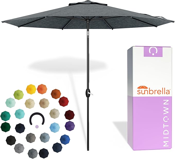 Midtown Umbrellas - The Lean 10 Ft Patio Umbrella with Fade-Resistant Sunbrella Fabric, Auto-Tilt Aluminum Frame and 8 Reinforced Ribs for Deck, Pool & Garden - Cast Slate Canopy, Black Pole