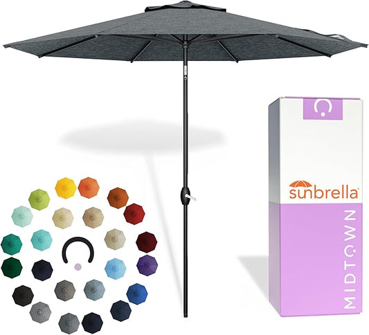 Midtown Umbrellas - The Lean 9 Ft Patio Umbrella with Fade-Resistant Sunbrella Fabric, Auto-Tilt Aluminum Frame and 8 Reinforced Ribs for Deck, Pool & Garden - Cast Slate Canopy, Black Pole