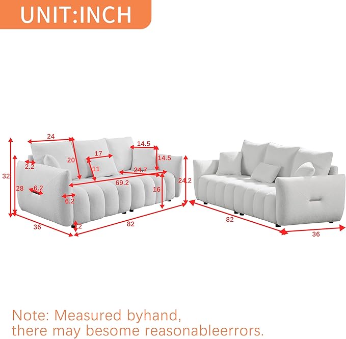 2 Pieses Modern Sofa Sets Luxury Teddy Upholstered Golden Element Accents Armrests Tufted Sofa&Couch Include 3 Seater Couches and 12 Pillows for Living Room, Bedroom, Apartment and Office Furniture