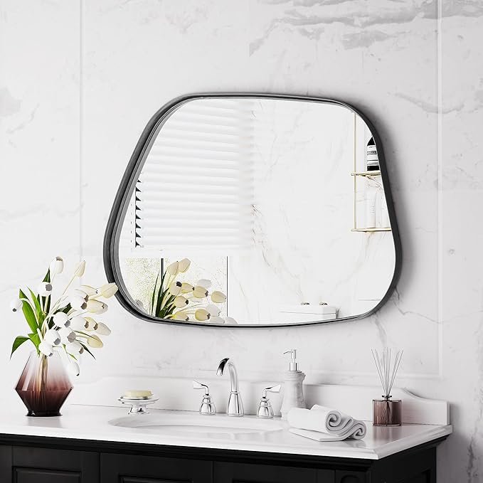 Irregular Wall Mirror 22"x30" Bathroom Mirrors Asymmetrical Artistic Decorative for Living Room Bedroom Bathroom Hallway Entryway,Trapezoid,Black
