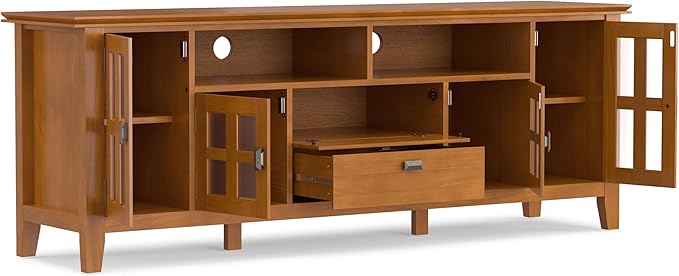 SIMPLIHOME Artisan TV Stand - 72 inch Wide Solid Wood Media Console in Honey Brown, Contemporary Entertainment Center for Living Room for TVs up to 80 Inches with Glass Cabinets and Cable Management