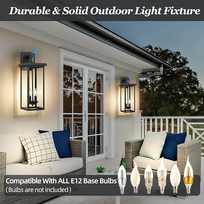 Large Exterior Lighting Fixtures Modern Wall Lantern,Outdoor Wall Lights with Clear Glass Shade,Outdoor Lamps for Patio Porch,Waterproof Outside Exterior Lights，Dusk to Dawn 22IN-2 Packs