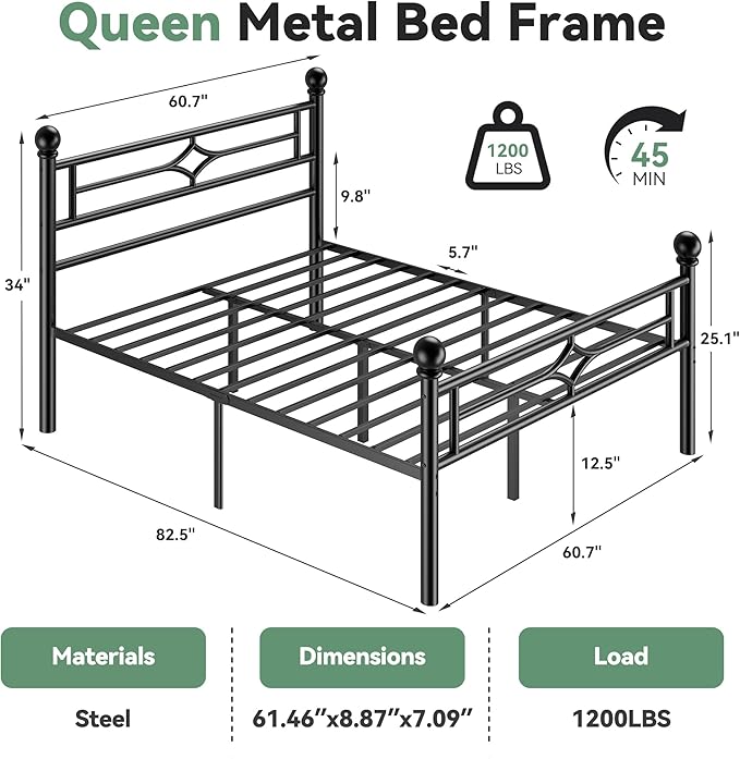 BedsPick Queen Bed Frame with Headboard and Footboard, Metal Platform Bed Frame with Round Corner Ball, 1200 LBS Heavy Duty Steel Slats Support, No Box Spring Needed/Noise-Free/Easy Assembly, Black