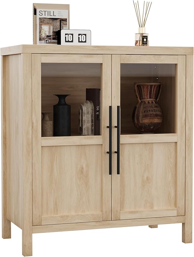 GarveeHome Sideboard Buffet Cabinet with 2 Glass Doors, 29.5 in Buffet Table Coffee Bar Wine Bar Display Cabinet for Kitchen Dining Room, Living Room (Glass with 2 Doors, Natrual)