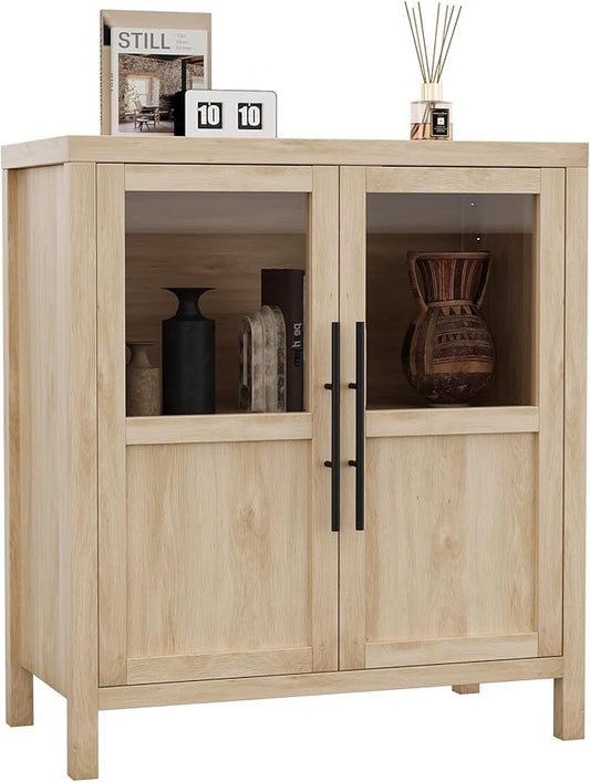 GarveeHome Sideboard Buffet Cabinet with 2 Glass Doors, 29.5 in Buffet Table Coffee Bar Wine Bar Display Cabinet for Kitchen Dining Room, Living Room (Glass with 2 Doors, Natrual)