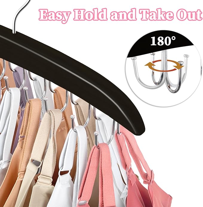 360 Rotating Bra Organizer, Space Saving w/20 Foldable Metal Hooks, Tank Top Hanger Closet Organizers and Storage for Camisoles/Tank Tops/Belts/Scarves Black