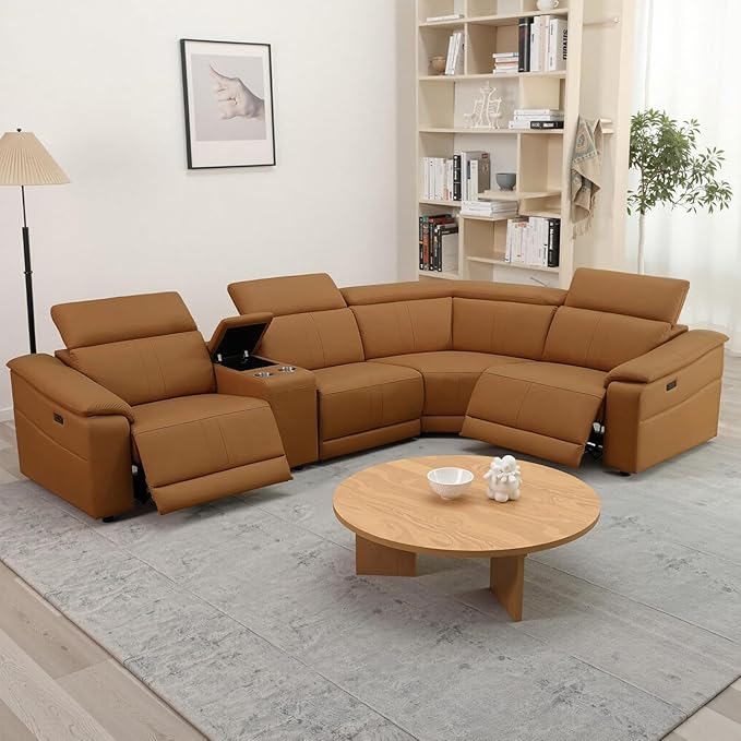 Power Recliner Sectional Couch, Breathing Leather Living Room Furniture Set, Reclining Corner Sectional Sofa with Storage Console/Cup Holders for Home/Office (Caramel, 4 Seater Couch)