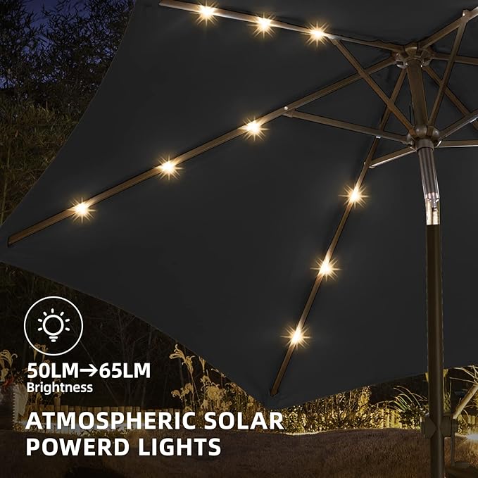wikiwiki 7.5ft Outdoor Patio Table Umbrella, Sturdy Solar Led Market Umbrella for Deck, Pool, Garden w/Tilt, Crank, 18 LED Lights - Carbon Grey