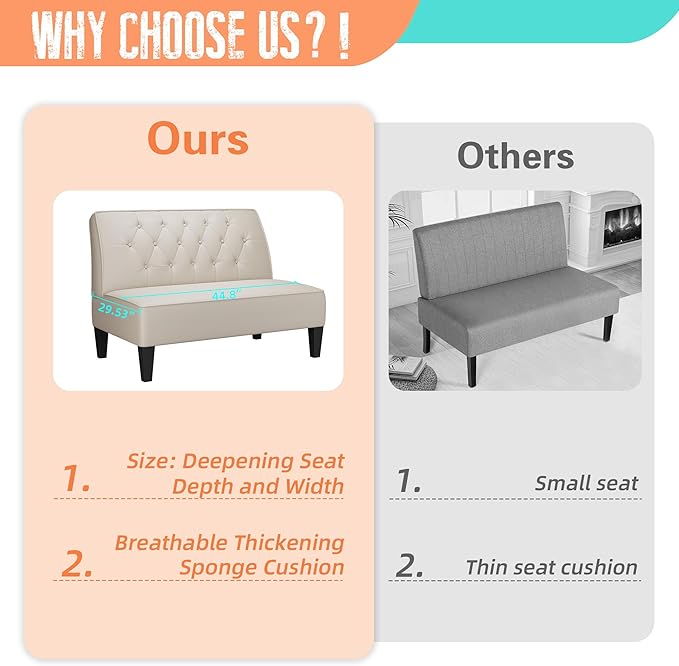 Alunaune Upholstered Loveseat Bench Couch for Bedroom, Modern Anti Scratch Cushioned Armless Settee Small Love Seat Sofa Faux Leather Living Room Couch-Beige
