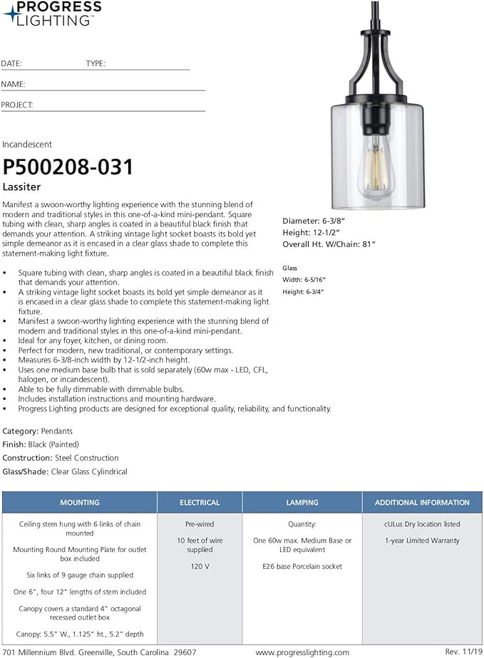 Progress Lighting Lassiter Collection 1-Light Clear Glass Modern Pendant Light Matte Black