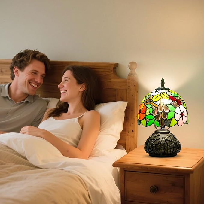 Small Tiffany Table Lamp,Stained Glass Lamp,8 Inch Mushroom Style Mini Vintage Desk Lights for Bedside, Bedroom,Nightstand,Living Room,3 Color Temperature (Grape)