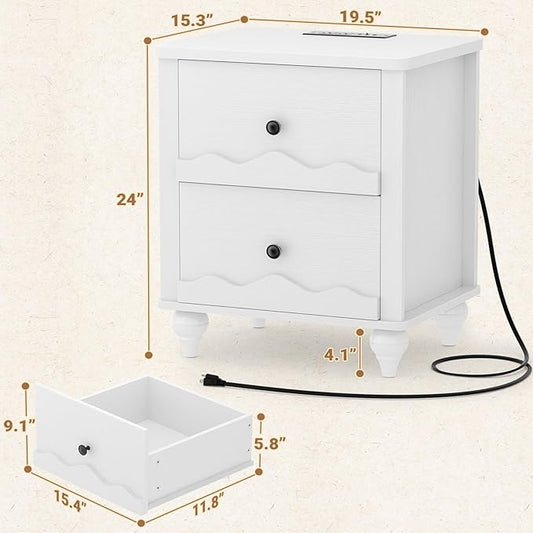 Cyclysio White Nightstand with Charging Station, Scalloped Bedside Table with 2 Smooth Drawers, Modern End Table with Solid Wood Legs for Bedroom and Small Spaces