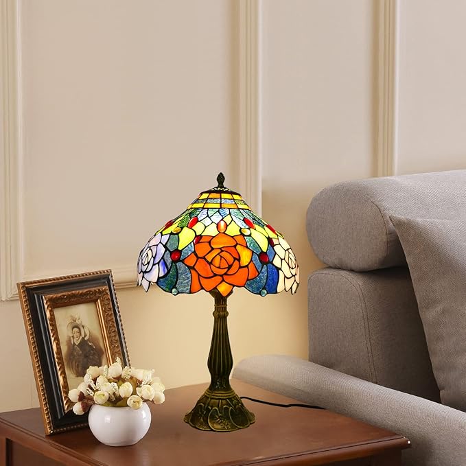 Tiffany Table Lamp Stained Glass Peony Flower Style Table Light, 12" Wide 19" Tall Handmade Bedside Table Night Lamp, Antique Art Craft Gifts for Living Room Bedroom Study Bookcase Desk Light