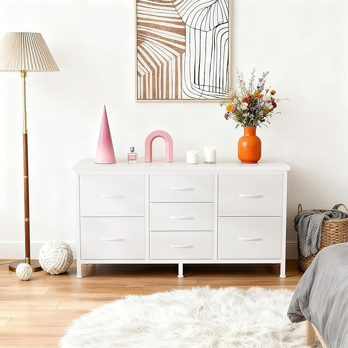 DUMOS TV Stand 7 Drawer Dresser for Bedroom with Storage TV Stands for Living Room White, Farmhouse Entertainment Center Media Console Table with Metal Frame Adjustable Feet