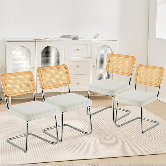 VEVOR Rattan Dining Chairs Set of 4, Mid Century Modern Dining Chair, Upholstered Velvet Accent Chair with Rattan Back, Retro Dining Room Kitchen Chair for Living Room, Bedroom(18.1 Inch)