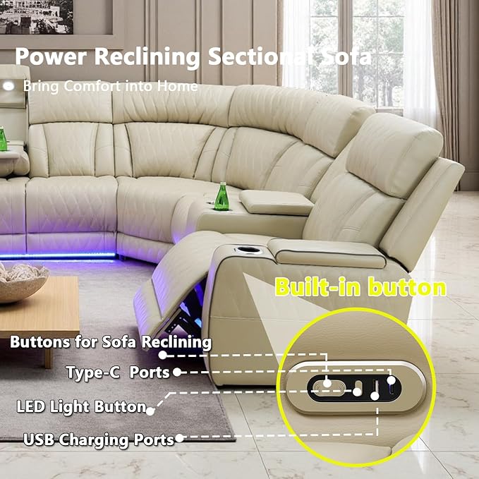 Leather Power Reclining Sectional Sofa Set with LED, Leather Sectional Recliner Couch Set with 5 Recliner Seats,Modular Sofa with USB Port,Cup Holder,Storage for Living Room Furniture
