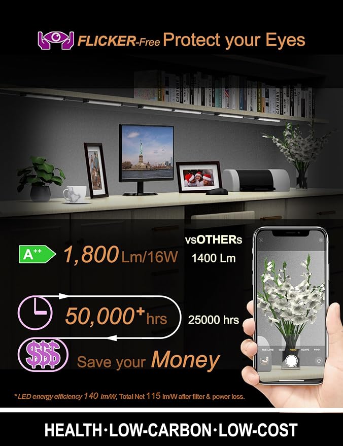 LED Under Counter Lights for Kitchen Touch Under Cabinet Lighting Built-in Adjustable Cable No MESSY Wires! 4 Pcs Cabinet light 3000K 1800Lm Super Bright Good for Garage Pantry Closet Timer Smart Plug