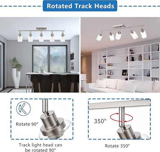 MELUCEE 5 Light Bathroom Light Fixtures Multi-Directional Rotating Track Lighting Kit Brushed Nickel, Ceiling Spotlight Fixture for Kitchen Foyer Bath, Clear Glass Shade