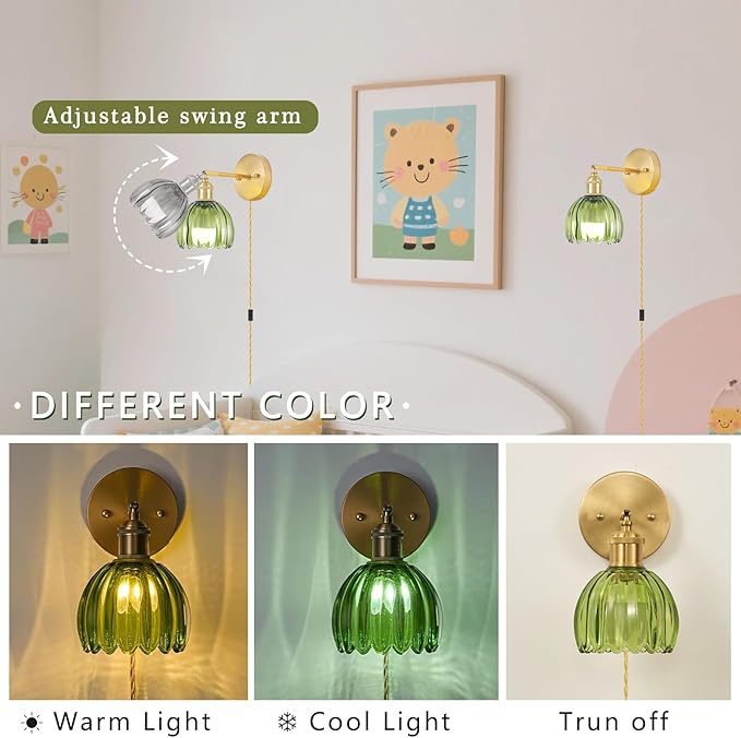 Glass Plug in Wall Sconces Set of 2, Vintage Wall Lamp with Plug in Cord Green Tulip Shade Decor Indoor, Gold Wall Light for Bedroom Bedside Kids Living Room Bathroom