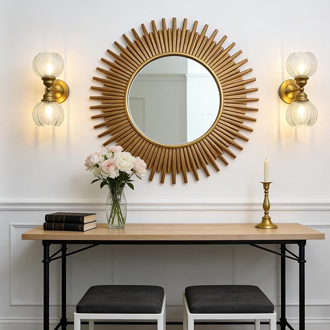 Pathson 2-Lights Vintage Wall Sconce with Green Leaf-Pattern Globe Glass, Double-Head Bathroom Vanity Lights Over Mirror, Brass Vintage Bathroom Sconce Lamp for Living Room Bedroom Above Mirror