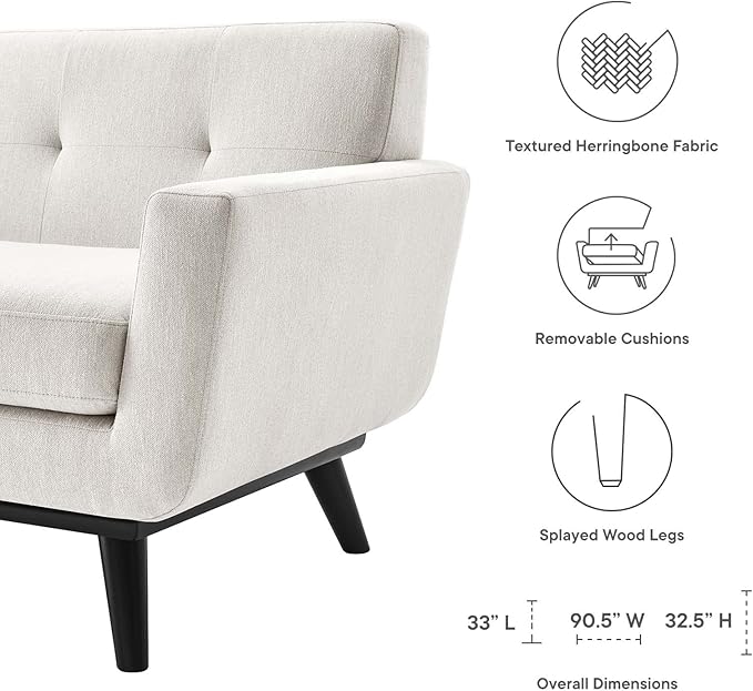 Modway Engage Mid-Century Modern Herringbone Fabric Sofa in Ivory
