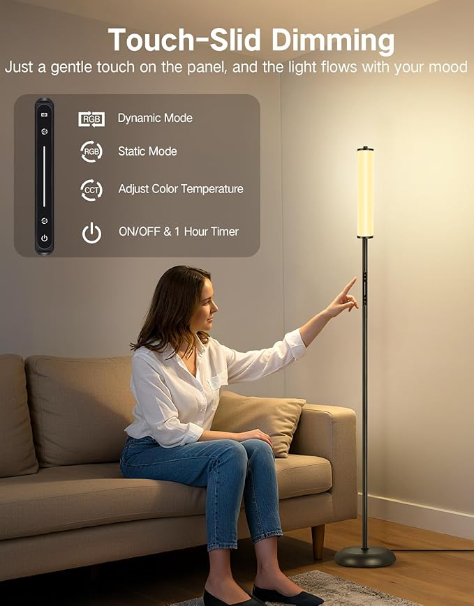 OUTON Bright LED Floor Lamp with Remote, Touch & APP Control, 1500LM 65" Tall Smart Standing Lamp, Color Changing Ambient Lighting, Music Sync, Modern Corner Lamps for Living Room, Bedroom, Black