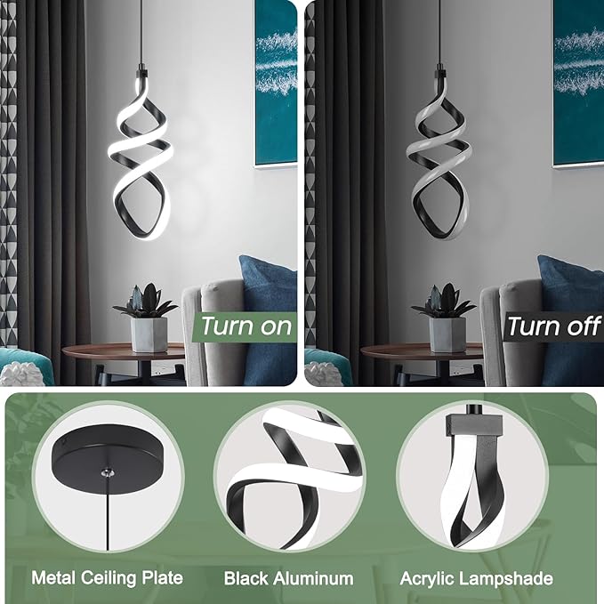 Modern Led Pendant Light Fixture, 15W Black Spiral Led Chandelier Hanging Lamp, 4500K Daylight White Pendant Lamp, Adjustable Height Pendant Light for Dining Room Bedroom Kitchen Island Cafe(2 Pack)
