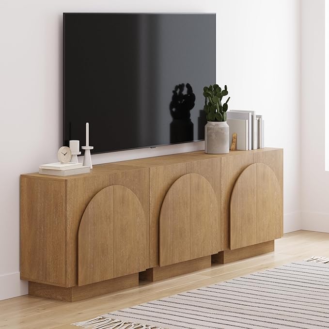 Nathan James Iris Mid-Century Modern Wood Accent Cabinet Sideboard Credenza TV Stand with Arched Cabinet Doors and Adjustable Shelves for Kitchen or Living Room, Set of 3