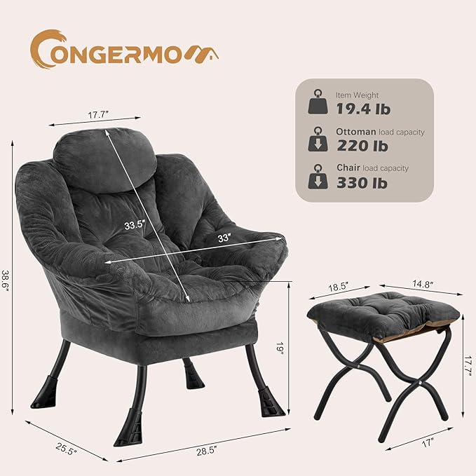 Lazy Chair with Folding Ottoman,Leisure Sofa Chair,Soft Fabric Armchair with Armrests and Side Pockets, Reading Chair with Footrest for Living Room, Bedroom, Office (Plush Dark Grey)
