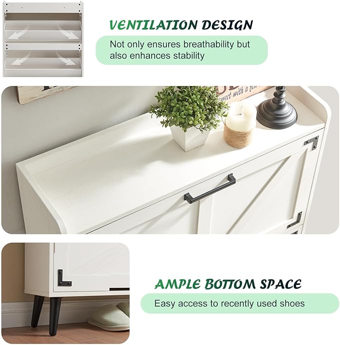 Shoe Storage Cabinet with 2 Flip Drawers, Farmhouse Hidden Shoe Organizer, Narrow Slim Shoe Rack Cabinet for Entryway Hallway,Antique White