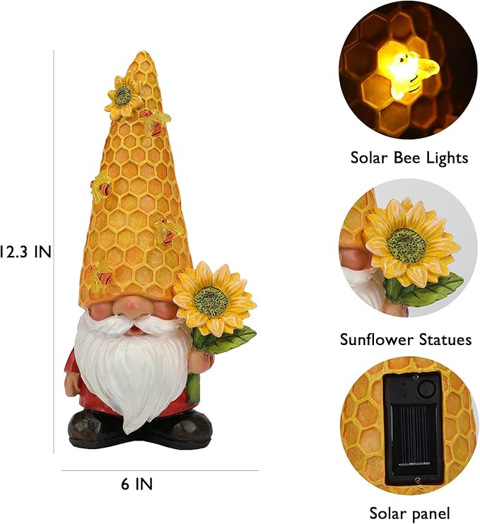 12.3''Garden Gnomes Outdoor Statues Clearance for Garden Decor with Solar Bee Lights,Spring Decorations Gnomes Outside Decor - Sunflower Gift for Women Mom,Yard Art Ornament for Patio Lawn