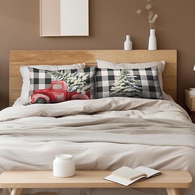 Christmas Lumbar Pillow Covers 12x20 Set of 2 Black and White Buffalo Plaid Red Truck Christmas Tree Decorative Throw Pillow Covers Xmas Winter Holiday Pillow Case for Outdoor Couch Patio