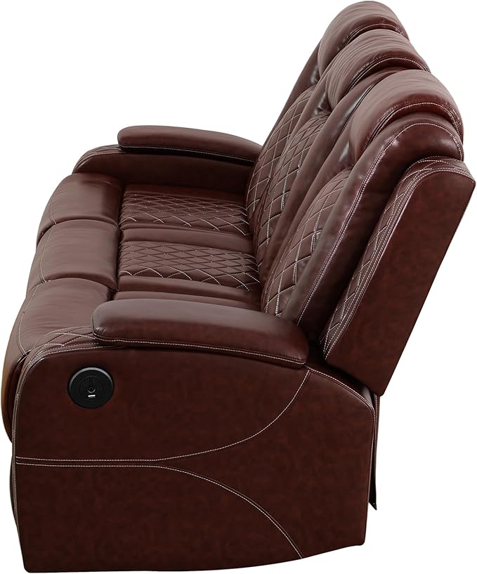 Breathing Leather Power Reclining Sofa, Living Room Furniture with 2 Recliners, 3 Seater Leather Couch with Flip-Down Table/USB Charging for Office/Home Theater (Auburn, 3-Seat Sofa)