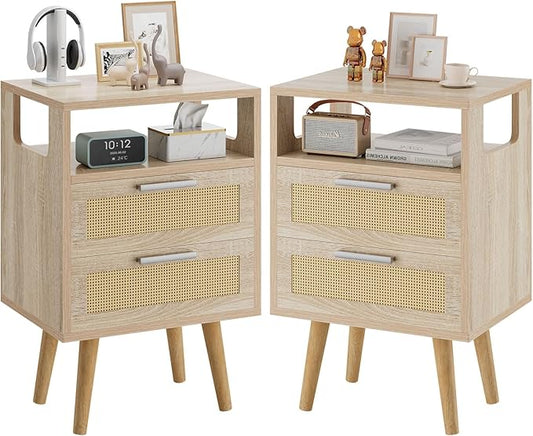 YMYNY Rattan Nightstand Set of 2, Boho Side Table with 2 Drawers, Open Shelf Unit with Arched Design, Solid Wood Legs, Storage Cabinet for Bedroom, Natural UHST015N-2