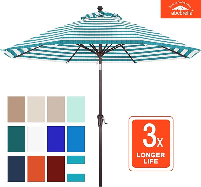 ABCCANOPY OLEFIN® 5-Year No Fading 9FT Patio Umbrella, Outdoor Table Umbrella with 8 Sturdy Ribs for Deck, Backyard, Yard (Turquoise Stripe)