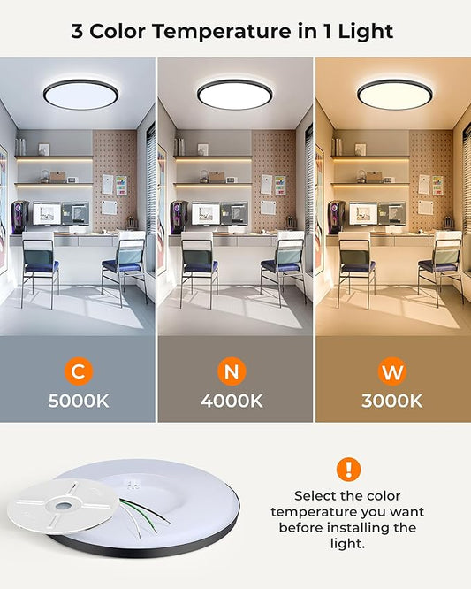 BLNAN 15.4 Inch LED Flush Mount Ceiling Light, 3000K-5000K 3 Color Selectable Ceiling Lights, 36W 3600LM Closet Light Fixture, Ceiling Lamp for Bedroom, Dining Room, Kitchen, Black