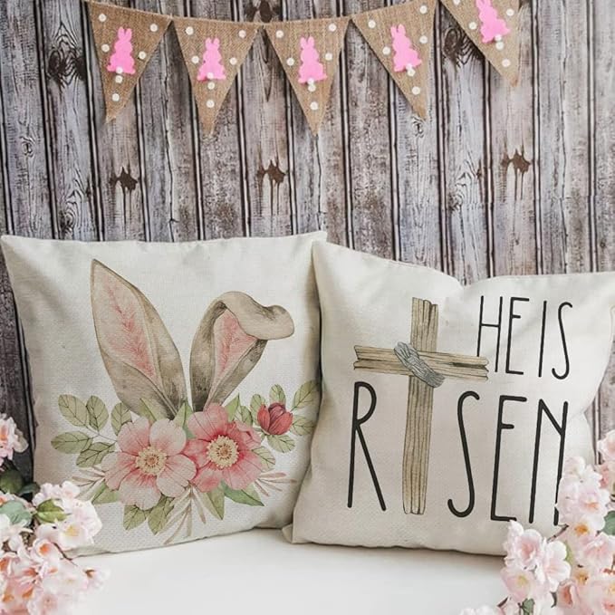 GEEORY Easter Pillow Covers 20x20 Set of 4 Easter Decorations for Home He is Risen Floral Pillows Bunny Easter Buffalo Plaid Eggs Decorative Throw Pillows Spring Easter Farmhouse Decor