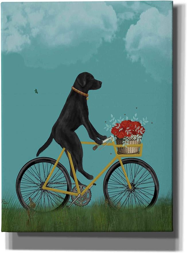 Epic Graffiti 'Black Labrador on Bicycle - Sky' by Fab Funky Canvas Wall Art, 12"x16"