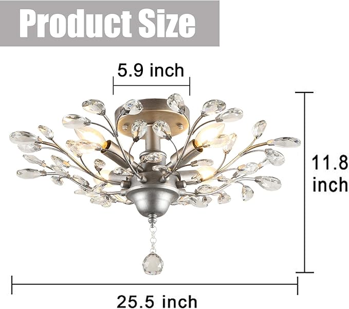 SEOL-Light 24.5" Dia 4-Light Frozen Crystal Branch Close to Ceiling Light Silvery Grey Flush Mount Fixture,E12,160W, Chandeliers for Bedroom,Living Room,Entryway;