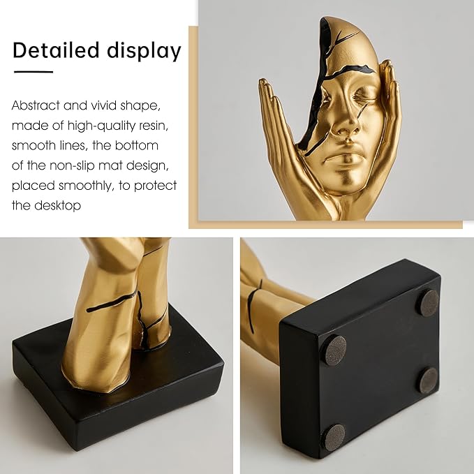 Gold Art Statues Home Decor 7.5" H Resin Face Sculptures for Coffee Table Bookshelf Office Desk, Modern Abstract Art Sculptures Living Room Office Decorations