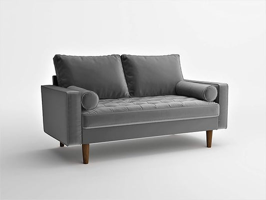 Container Furniture Direct Womble 58 Inch Velvet Loveseat Sofa with Elegant Button Tufted Upholstery, Square Arms, Splayed Wood Legs, Includes Matching Bolster Pillows, Silverish Grey