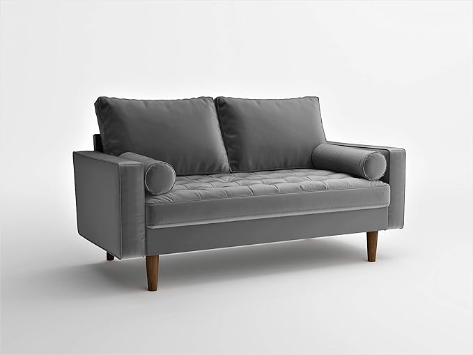 Container Furniture Direct Womble Modern Velvet Upholstered Living Room Diamond Tufted Chesterfield with Gleaming Nailheads, Loveseat, Sofa, Silverish Grey