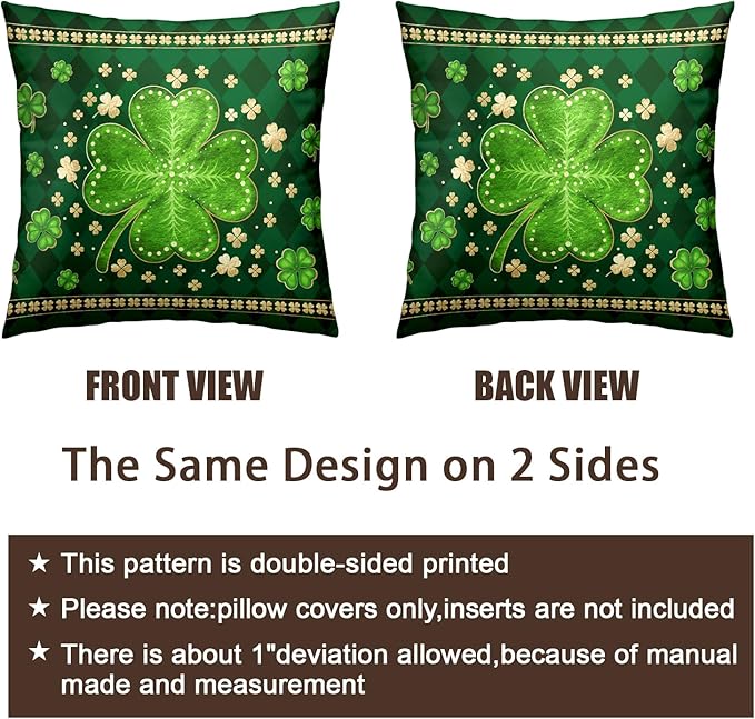 St Patricks Day Shamrock Throw Pillow Covers 20x20 Set of 2 Green Buffalo Plaid Check Lucky Clovers Outdoor Decorative Pillow Covers Spring Rustic Pillow Cases for Farmhouse Living Room Decor