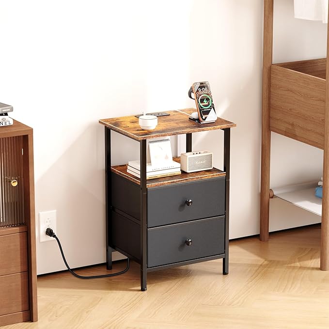 Nightstand with Charging Station, Bedside End Table with 2 Fabric Drawers for Bedroom, Side Table with USB Ports and Outlets (Brown Black)