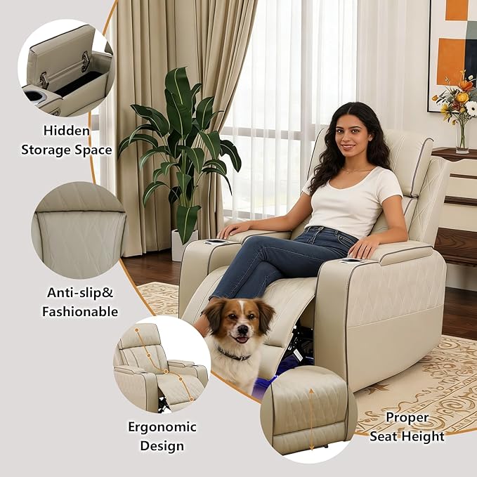 Power Leather Recliner Sofa Set with LED Light,Reclining Couch Set with USB Charger/Cup Holder/Storage,Leather Couch for Living Room Furniture Sets(3+2+1 Seats,Beige)