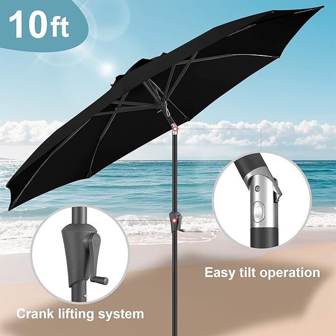 FLAME&SHADE 10 ft Outdoor Market Patio Table Umbrella with Fiberglass Rib Tips and Tilt, Black