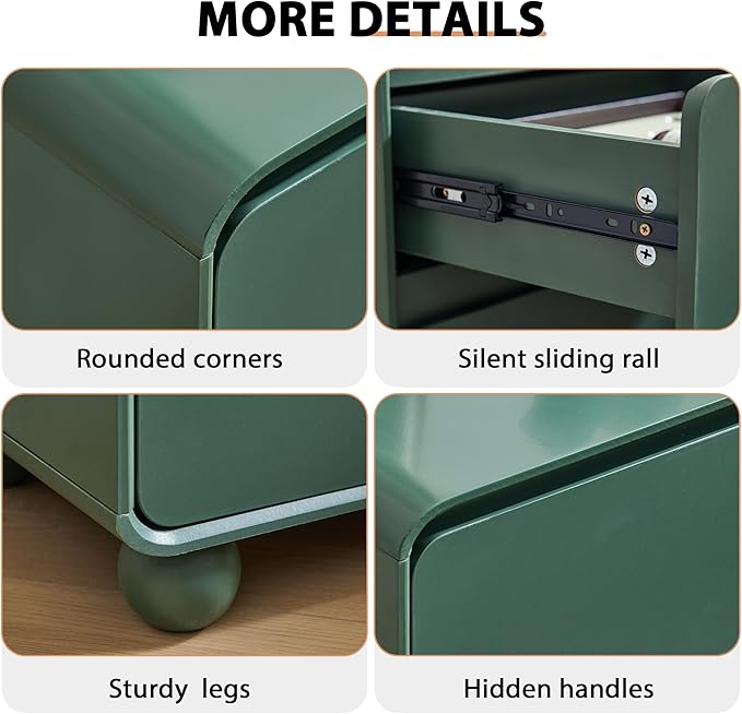 AVZEAR Modern3 Drawer Dresser for Bedroom, Curved Wooden Dresser Chest of Drawers, 3 Drawer Nightstand Closet Clothes Storage Organizer for Kids Bedroom, Living Room, Nursery, Green