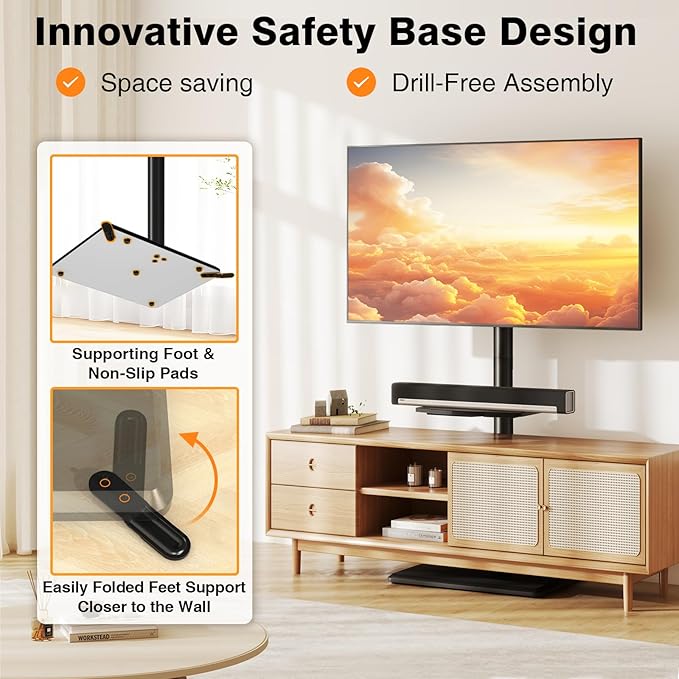 TVON Floor TV Stand with Mount for Most 32-60 Inch Flat/Curved TVs up to 88 lbs, Height Adjustable TV Mount Stand with Wood Base, Swivel TV Stand for Bedroom, Corner & Living Room, Max VESA 400x400mm